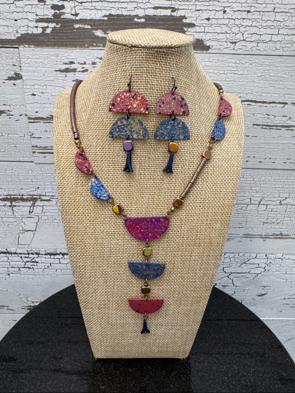 Geometric Patina Brass Paint Splatter Statement Necklace & Earring Set